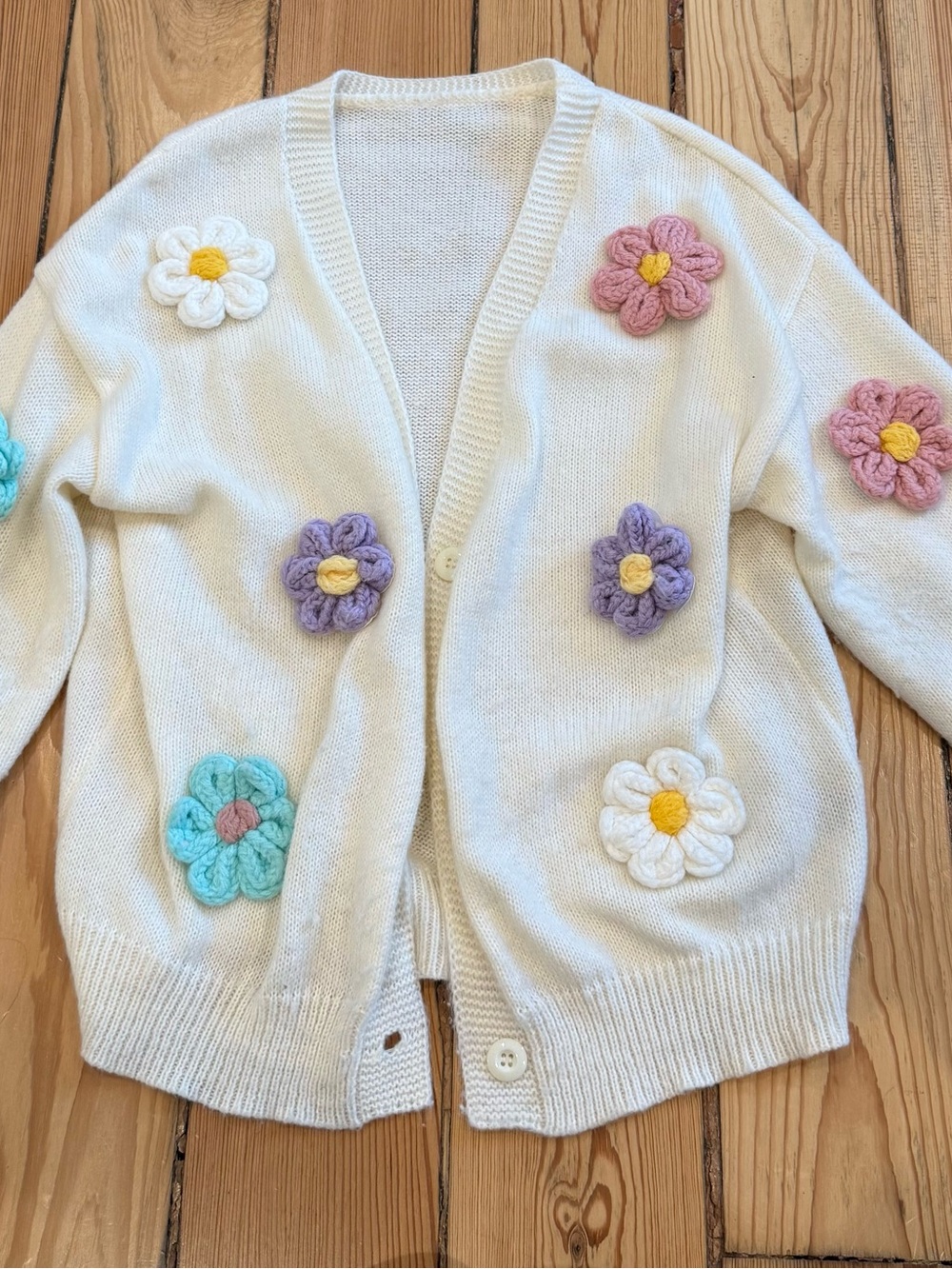 SHEIN White Knit Cardigan with Multicolor Crochet Flower Appliqués